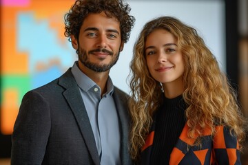 Young professionals smiling together in office building