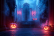 © Nadya - The mystical interior of the old castle. Halloween decorations inside an ancient building. A dark room with a mysterious atmosphere.