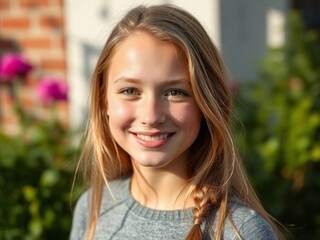 Amazing high resolution photos of young beautiful scandinavian teenage girl smiling at camera. Natural shadows.