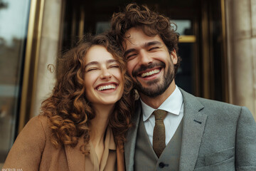 Happy couple laughing together while standing outdoors