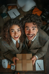 Two excited business people holding a gift looking up surprised