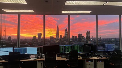 Aufkleber - London Cityscape Sunset View from Office Window with Computers