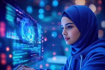 Arab woman in hijab in high-tech office with holographic screen and data visualizations