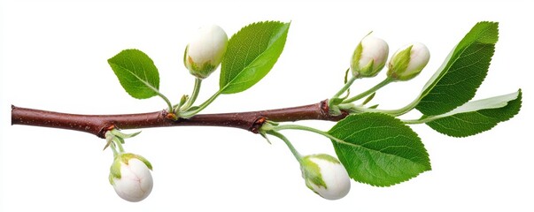 A branch of an apple tree with leaves isolated on a white background. Young sprouts of a fruit tree, isolated on a white background