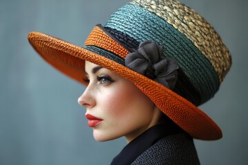 Elegant woman in colorful wide-brim hat with flower detail