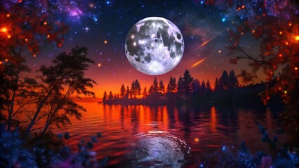 A serene sunset reflecting on a tranquil lake with a bright full moon and colorful starry sky in a natural landscape. Generative AI