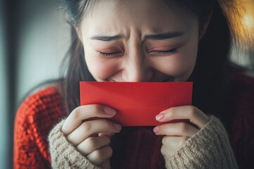 Joyful woman receiving red envelope gift in cozy sweater during celebration