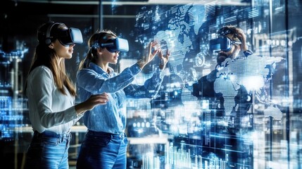 Poster - Three People Wearing Virtual Reality Headsets Interacting with a Digital World Map
