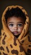 © pier - funny expression on cute kid wrapped in giraffe towel in cozy bathroom scene