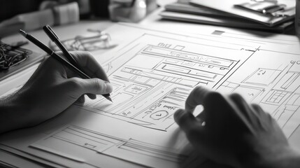 Poster - ux Graphic designer creative. sketch planning application process development prototype wireframe for web mobile phone . User experience concept.