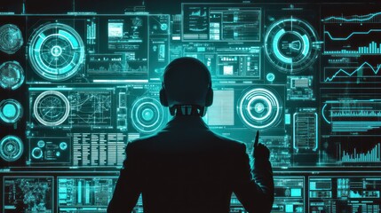 Leinwandbilder - Silhouette of a Person in Front of a Wall of Digital Data