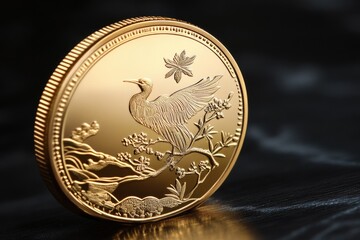 Elegant Gold Coin with Crane and Nature Motif on Glossy Surface