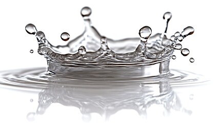 A single water droplet creates a crown-shaped splash with ripples radiating outward on a white background.