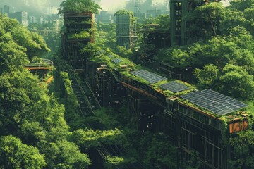 Futuristic Urban Jungle with Solar Panels and Overgrown Greenery