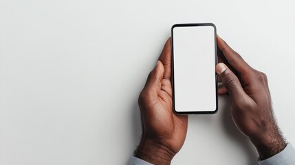 Poster - A man's hands holding an smartPhone with the screen facing up, fingers touching the blank white display, isolated on a clear white background.