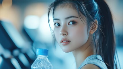 Young Woman at Gym with Water Bottle: Fitness, Refreshment, and Health Focus