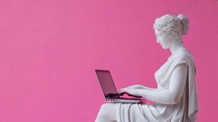 A classical statue of a woman in a draped gown is seated, intently typing on a laptop against a bright pink backdrop with free space