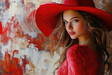 Wall Mural - Woman in red hat and dress