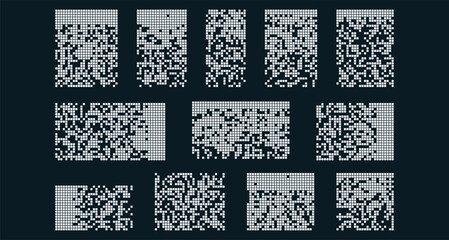 Aufkleber - Pixel disintegration on dark backgrounds. Dispersed dotted pattern. Retro 8 bit game effect. Mosaic texture with simple particles. Vector illustration on background
