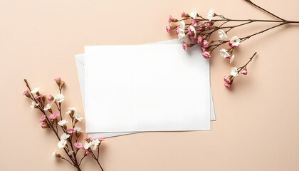 Greeting card mockup, envelope and  dried gypsophila flowers twigs on beige background top view flatlay. Card mockup with copy space isolated with white highlights, png