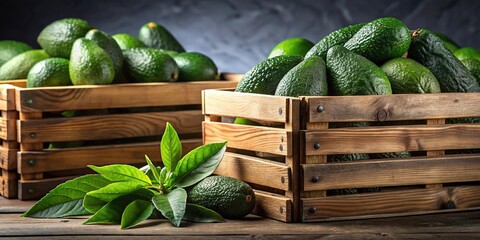 Silhouette of wooden crates filled with fresh green avocados and leaves