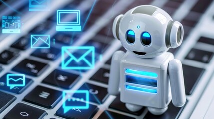 Poster - White Robot with Blue Glowing Icons on a Keyboard