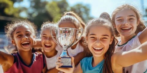 a team of cheerful ten years old girls holding a trophy while celebrating victory at school sports c