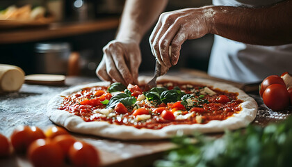 Cropped view of a person crafting homemade pizza with tomato sauce and fresh vegetables  