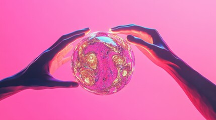 two hands reach towards a digital sphere of abstract patterns against a pink background.