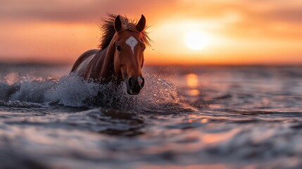 A powerful image of a horse galloping through the ocean at sunset, creating dramatic splashes against a backdrop of a glowing sky, embodying freedom and beauty.