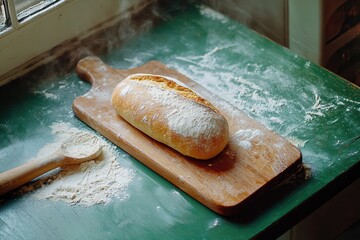 Freshly baked artisan bread on a wooden cutting board surrounded by flour dust in a cozy kitchen setting