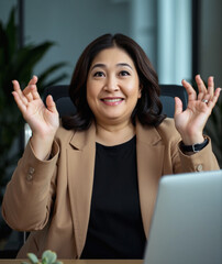 woman in their 40s with her hands up and laughing, you caught me, edgy simple attire, receptionist, office chair, succulents, vignette background