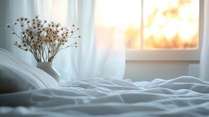 A peaceful bedroom adorned with crisp white linens and a vase of dried daisies, bathed in warm sunlight pouring through large windows, creating a serene vibe.