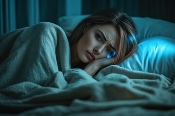 Portrait of ill woman in bed with blue light, professional photography