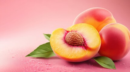 Fresh ripe organic peach with pit and leaves cut in half against bright peach pink background. Minimal fruit concept. Healthy juicy food trendy composition.