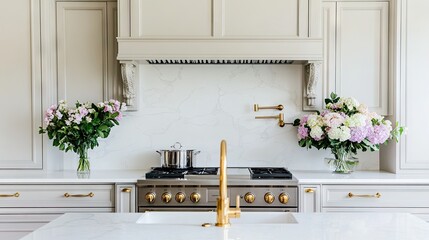 Wall Mural - This inviting kitchen showcases light beige cabinets and white marble tiles, complete with a gas stove, decorative pots, and a lovely flower vase on the countertop