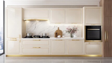 Wall Mural - This inviting kitchen showcases light beige cabinets and white marble tiles, complete with a gas stove, decorative pots, and a lovely flower vase on the countertop