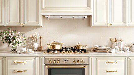 Wall Mural - This inviting kitchen showcases light beige cabinets and white marble tiles, complete with a gas stove, decorative pots, and a lovely flower vase on the countertop