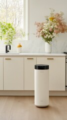 Wall Mural - This inviting kitchen showcases light beige cabinets and white marble tiles, complete with a gas stove, decorative pots, and a lovely flower vase on the countertop