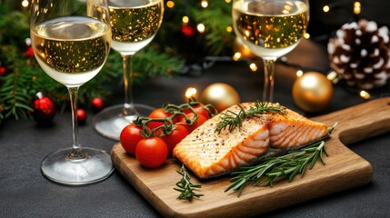 A beautifully seared salmon fillet garnished with cherry tomatoes and rosemary is presented on a plate next to two glasses of white wine, set against a festive Christmas tree backdrop