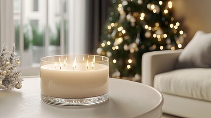 Sticker - A large glass candle with three wicks adds warmth to a winter-themed room, positioned elegantly on an end table near a festive Christmas tree