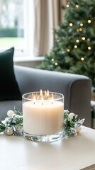 Wall Mural - A large glass candle with three wicks adds warmth to a winter-themed room, positioned elegantly on an end table near a festive Christmas tree