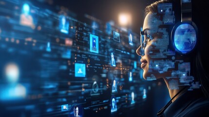 a futuristic visualization customer service evolution, blending ai avatars with real-time support an