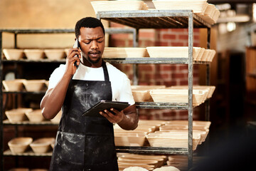 Poster - Phone call, baker and black man with tablet, talking and connection for communication. African person, employee or entrepreneur with cellphone, service and store with schedule, network or digital app
