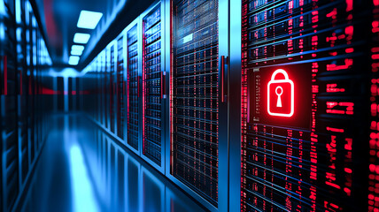 Aufkleber - A modern data center with illuminated server racks and a prominent red lock, symbolizing data security and protection.