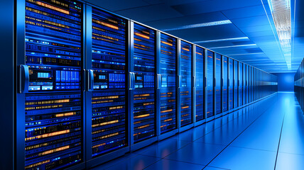 Poster - A futuristic data center with rows of servers illuminated by blue lights, showcasing advanced technology and cybersecurity.