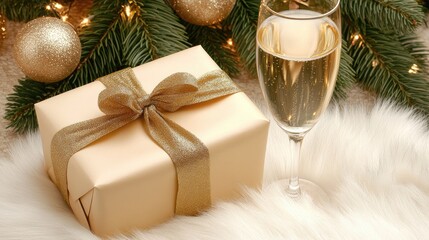 Sticker - An elegant glass of champagne sits beside a carefully wrapped gift adorned with gold ribbon, complemented by a small Christmas tree with golden ornaments in a warm, inviting setting