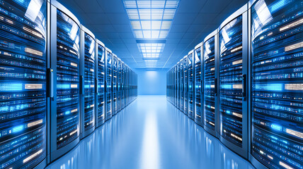 Poster - A futuristic server room showcasing rows of glowing servers, emphasizing technology and data storage efficiency.
