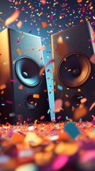 two vibrant black speakers surrounded by colorful confetti in a festive atmosphere.