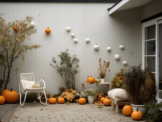 Garden decorated for halloween and fall. Fall garden decor with pumpkins, lanterns and wreaths